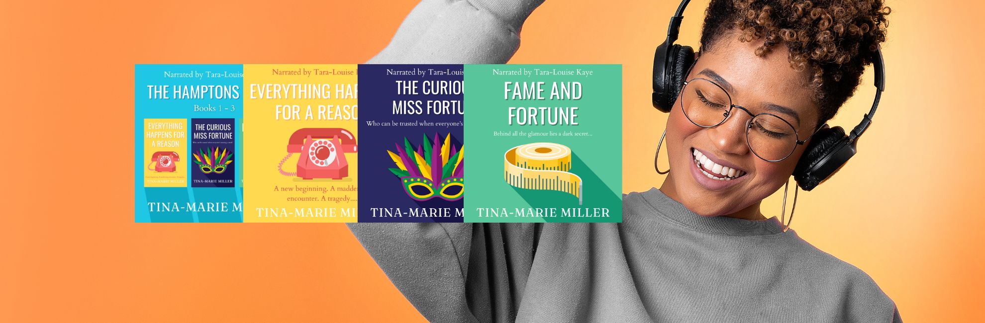 Dancing woman in headphones next to Tina-Marie Miller's audiobooks