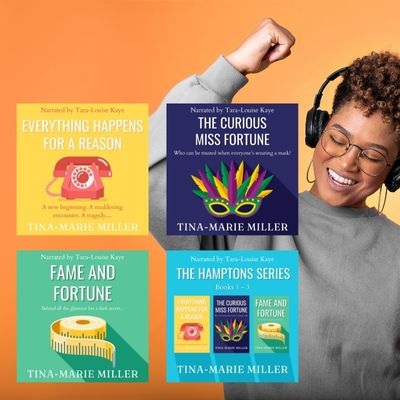 Dancing woman in headphones next to Tina-Marie Miller's audiobooks