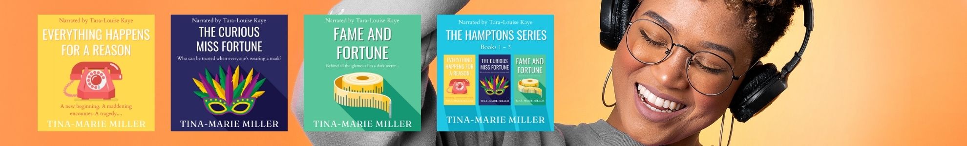 Dancing woman in headphones next to Tina-Marie Miller's audiobooks