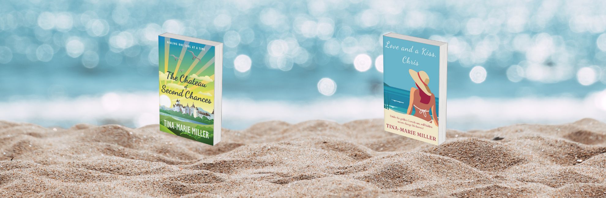 Two 3D book covers on the beach