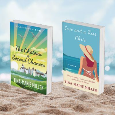 Two 3D book covers on the beach