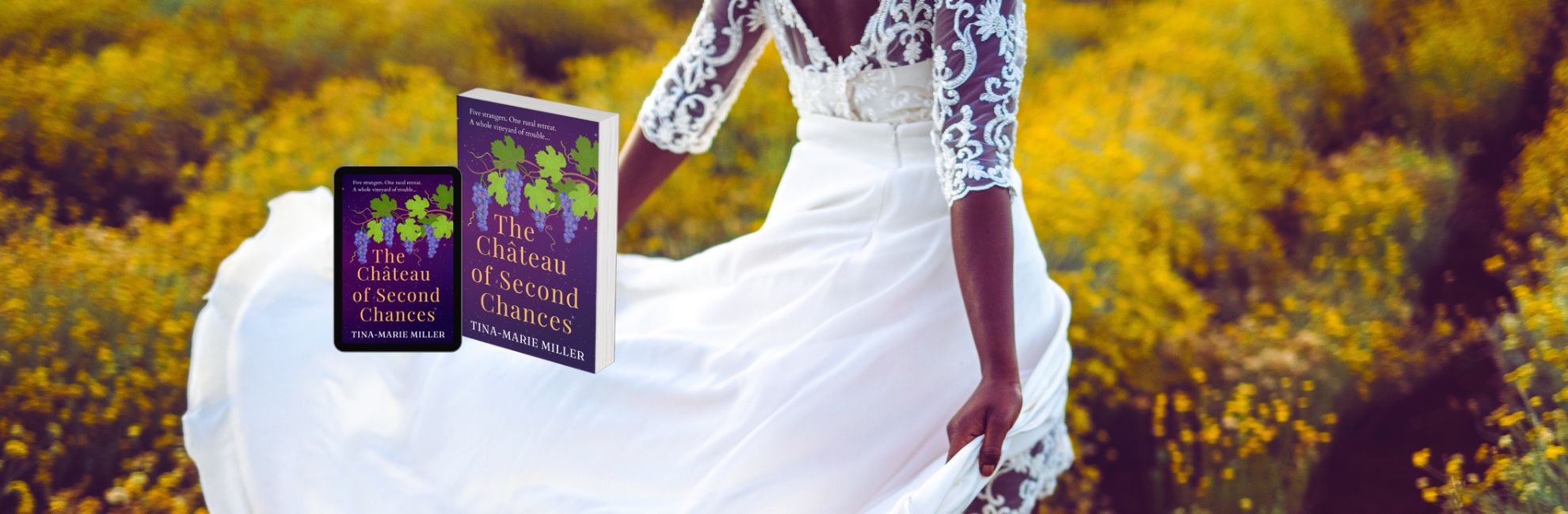 Bride running through field of yellow flowers