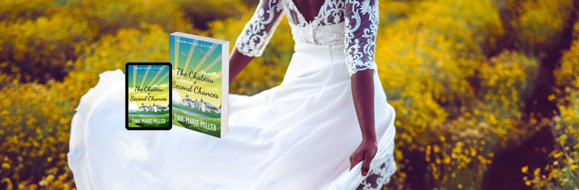 Bride running through field of yellow flowers