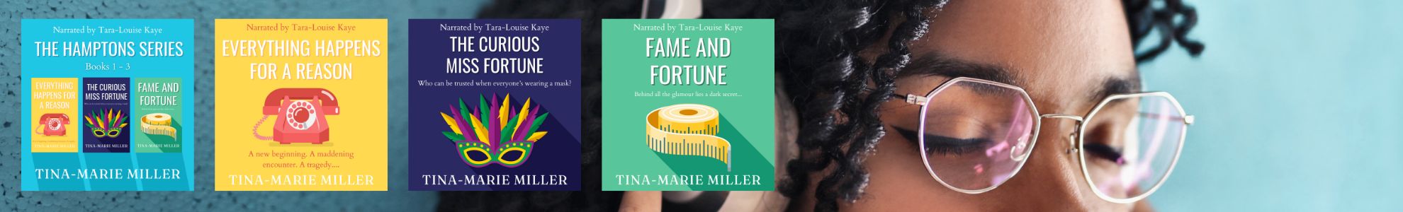 Peaceful woman in headphones next to Tina-Marie Miller's audiobooks