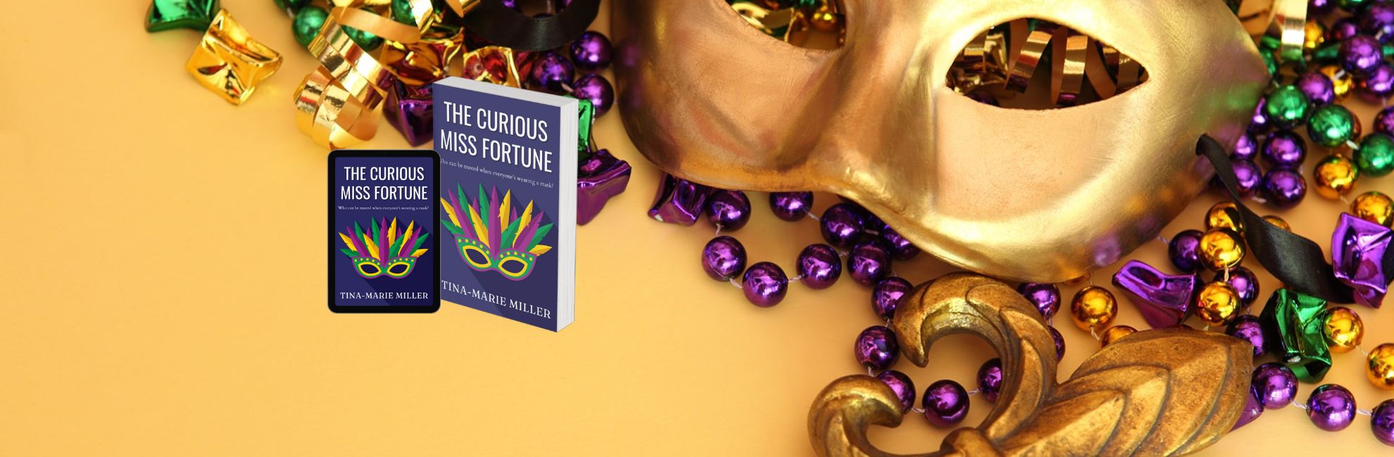 Gold mask and purple beads surrounding book cover