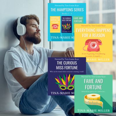 Relaxed man with headphones next to Tina-Marie Miller's audiobooks