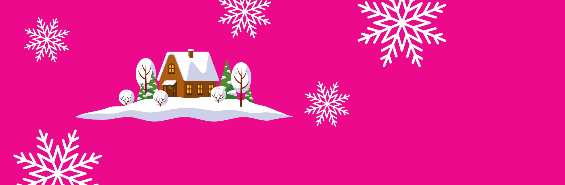 Cosy cottage and snowflakes with pink background