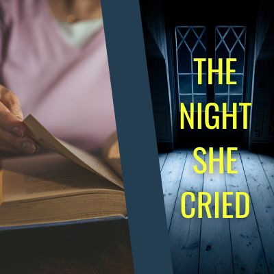 Woman turning book pages with The Night She Cried in yellow text