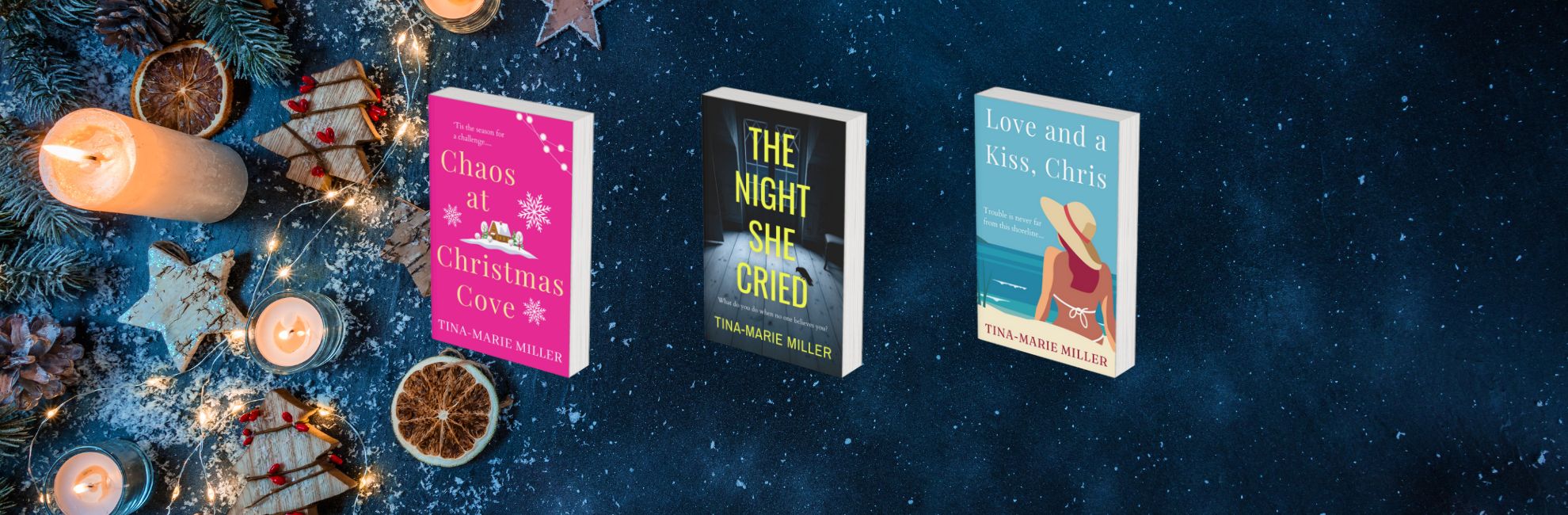 Three book covers surrounded by Christmas candles and dried fruit