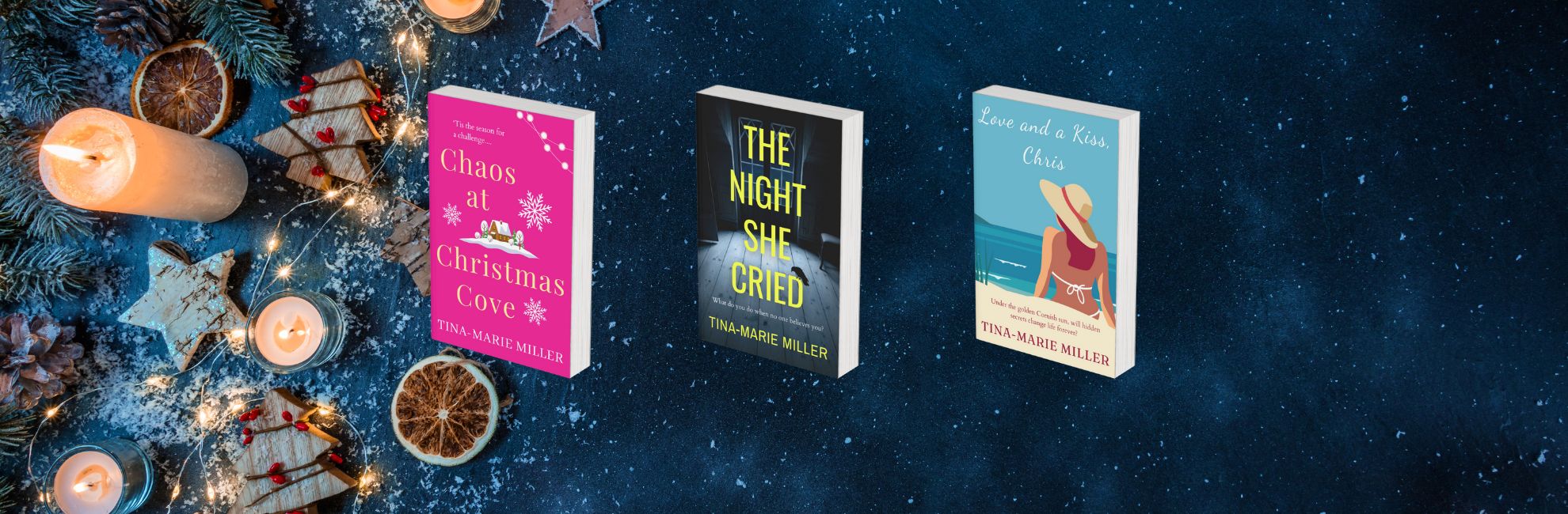 Three book covers surrounded by Christmas candles and dried fruit